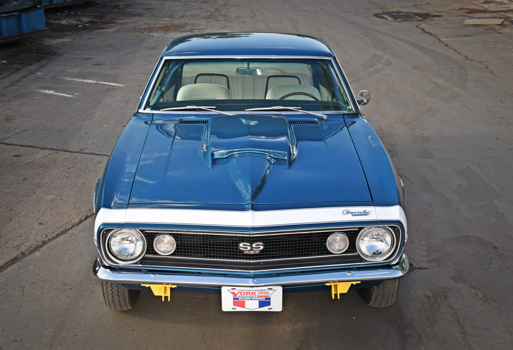 009 Front view of a blue 1967 Camaro SS with a hood scoop