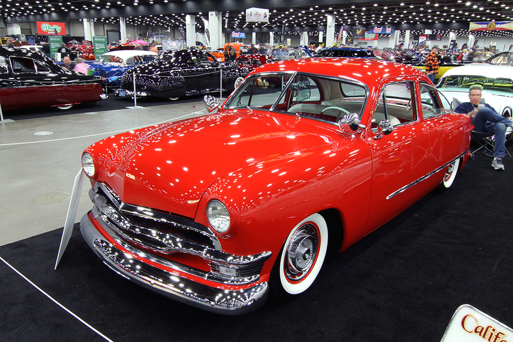19 red 1950 ford club coupe on display at the detroit autorama
