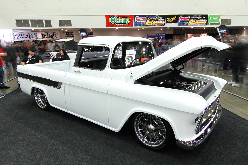 20 white 1957 chevy cameo carrier on display at the detroit autorama