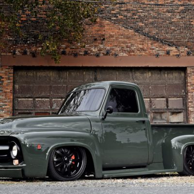 02 Custom lowered 1954 Ford F100 olive green front angle view